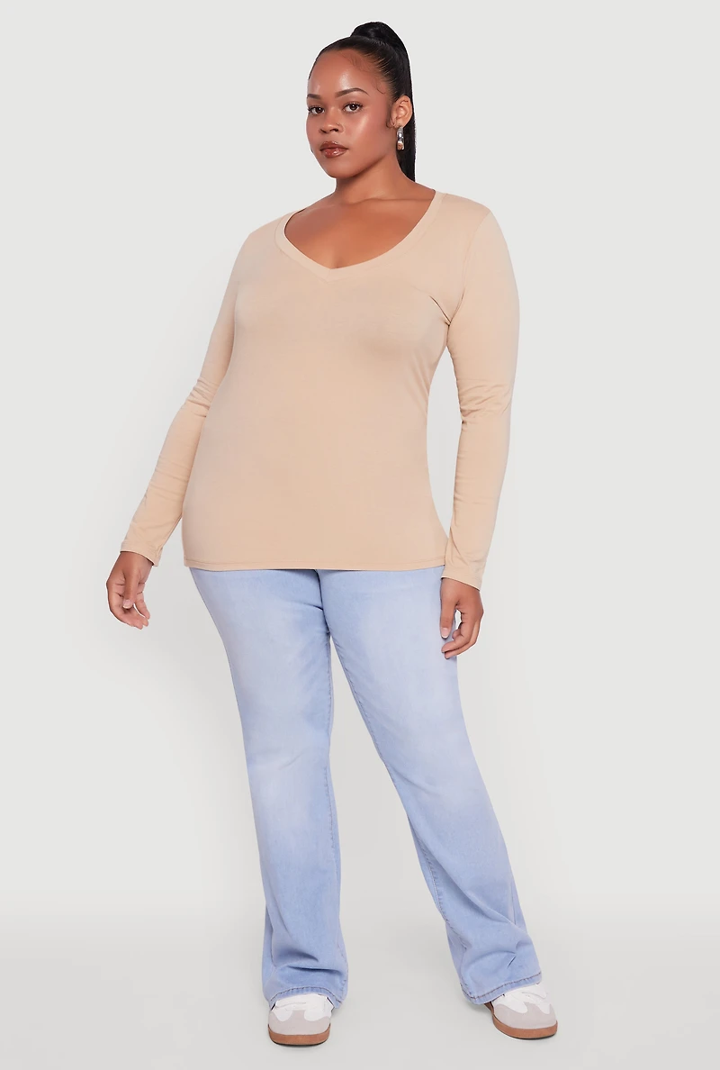 Womens Plus Long Sleeve V-Neck Tee,