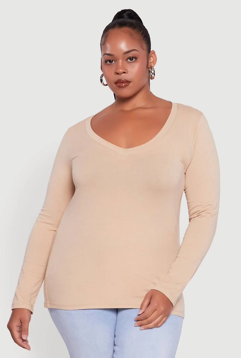 Womens Plus Long Sleeve V-Neck Tee,