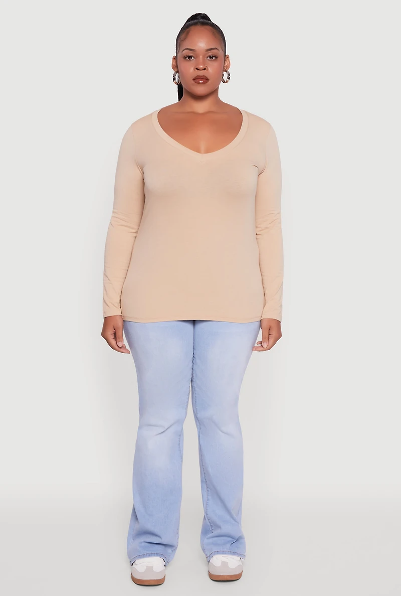 Womens Plus Long Sleeve V-Neck Tee,