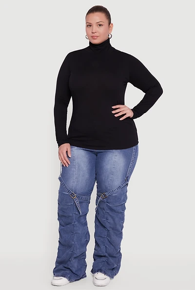 Womens Plus Ruched Funnel Neck Long Sleeve Top,