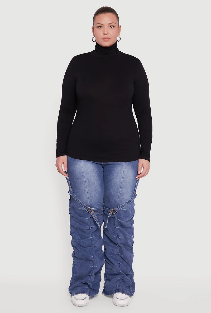 Womens Plus Ruched Funnel Neck Long Sleeve Top,