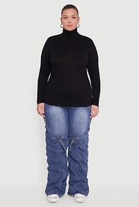 Womens Plus Ruched Funnel Neck Long Sleeve Top,