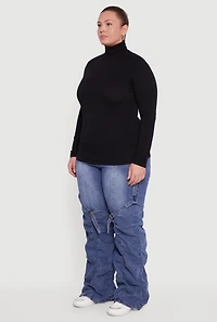 Womens Plus Ruched Funnel Neck Long Sleeve Top,