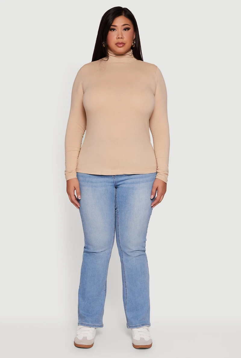 Womens Plus Ruched Funnel Neck Long Sleeve Top,