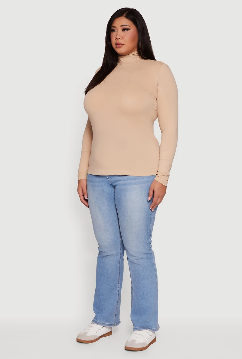 Womens Plus Ruched Funnel Neck Long Sleeve Top,