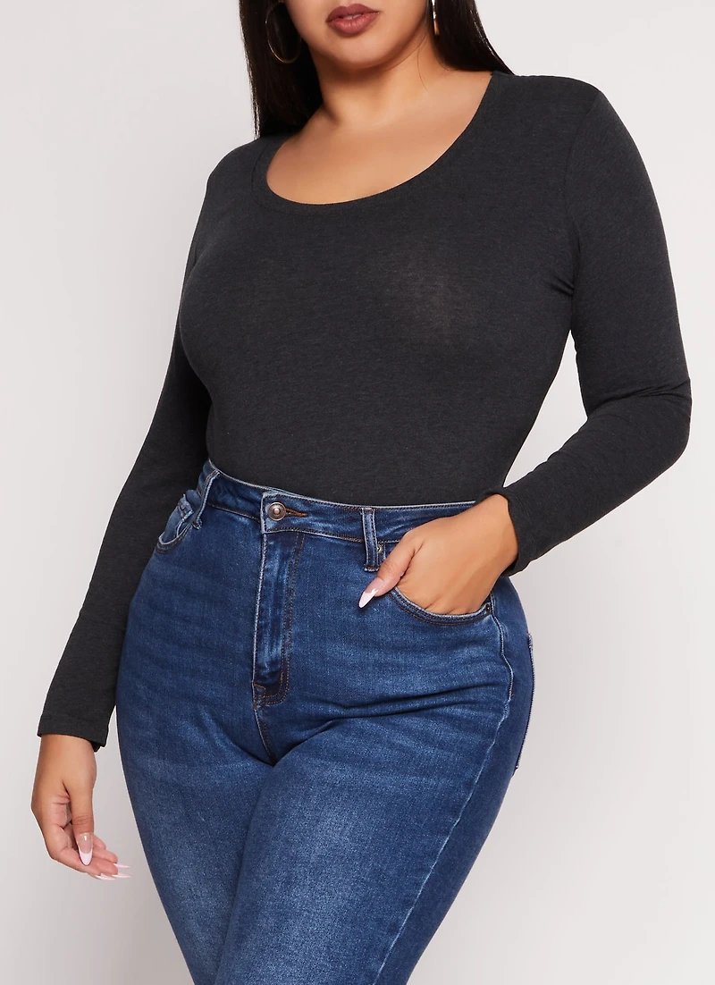 Womens Plus Basic Scoop Neck Long Sleeve T Shirt, Grey,