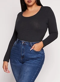 Womens Plus Basic Scoop Neck Long Sleeve T Shirt, Grey,
