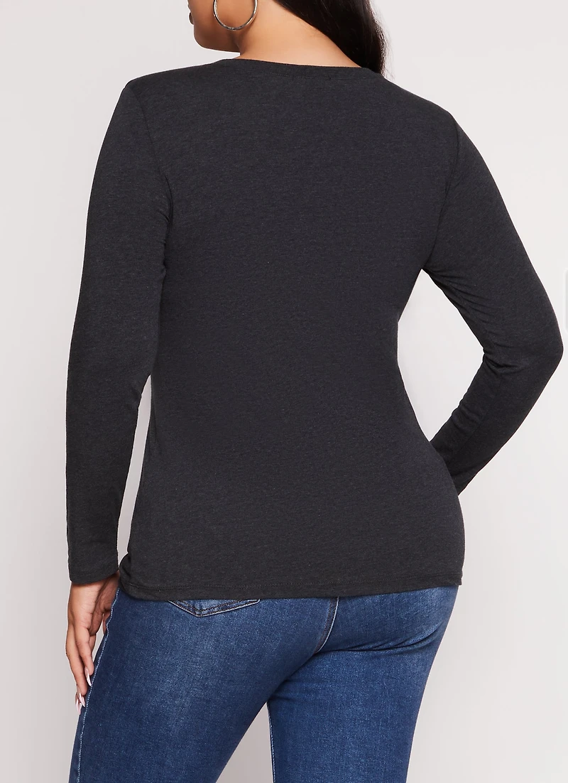 Womens Plus Basic Scoop Neck Long Sleeve T Shirt, Grey,
