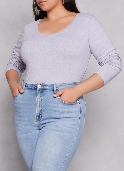 Womens Plus Basic Scoop Neck Long Sleeve T Shirt, Grey,