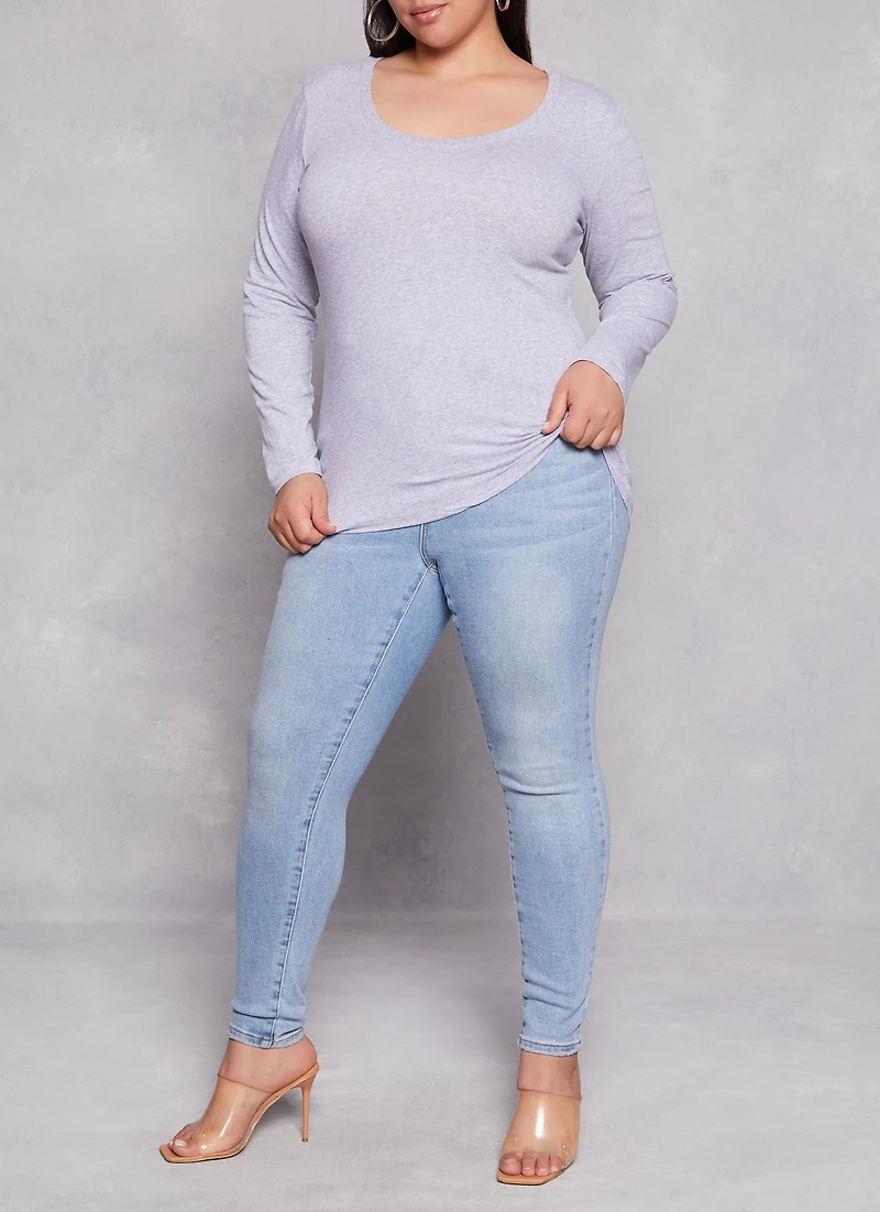 Womens Plus Basic Scoop Neck Long Sleeve T Shirt, Grey,