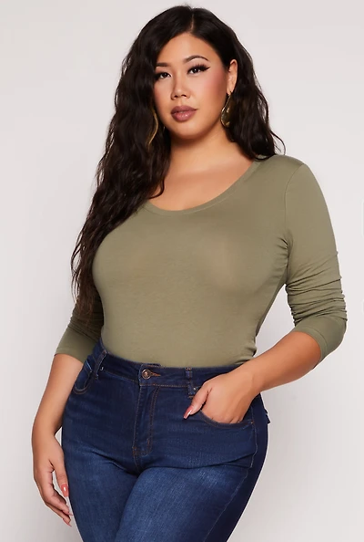 Womens Plus Size Basic Scoop Neck Long Sleeve T Shirt, Green, Size 3X