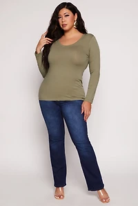 Womens Plus Size Basic Scoop Neck Long Sleeve T Shirt, Green, Size 3X