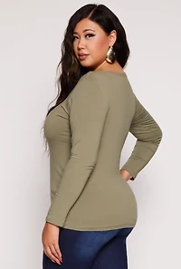 Womens Plus Size Basic Scoop Neck Long Sleeve T Shirt, Green, Size 3X