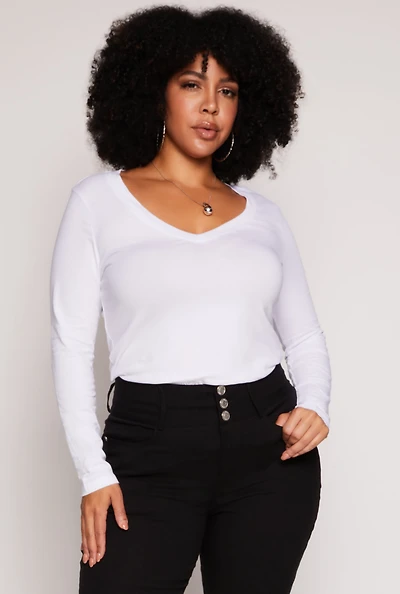 Womens Plus Size Basic Long Sleeve V Neck Tee, White, Size 3X