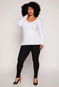 Womens Plus Size Basic Long Sleeve V Neck Tee, White, Size 3X