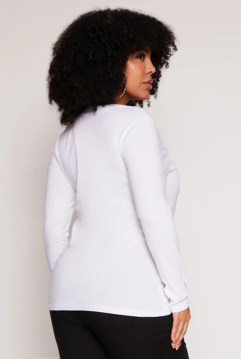 Womens Plus Size Basic Long Sleeve V Neck Tee, White, Size 3X