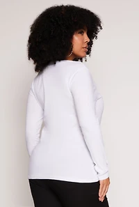 Womens Plus Size Basic Long Sleeve V Neck Tee, White, Size 3X