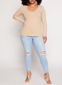 Womens Plus Basic Long Sleeve V Neck Tee,