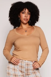 Womens Plus Basic Long Sleeve V Neck Tee,