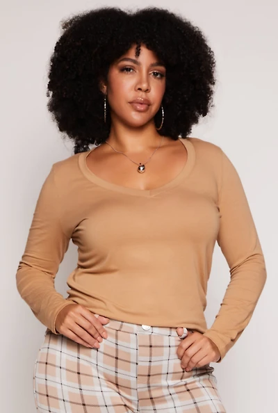 Womens Plus Basic Long Sleeve V Neck Tee,