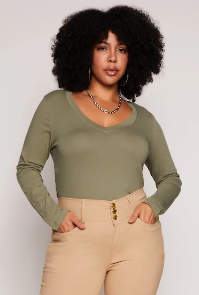 Womens Plus Basic Long Sleeve V Neck Tee,
