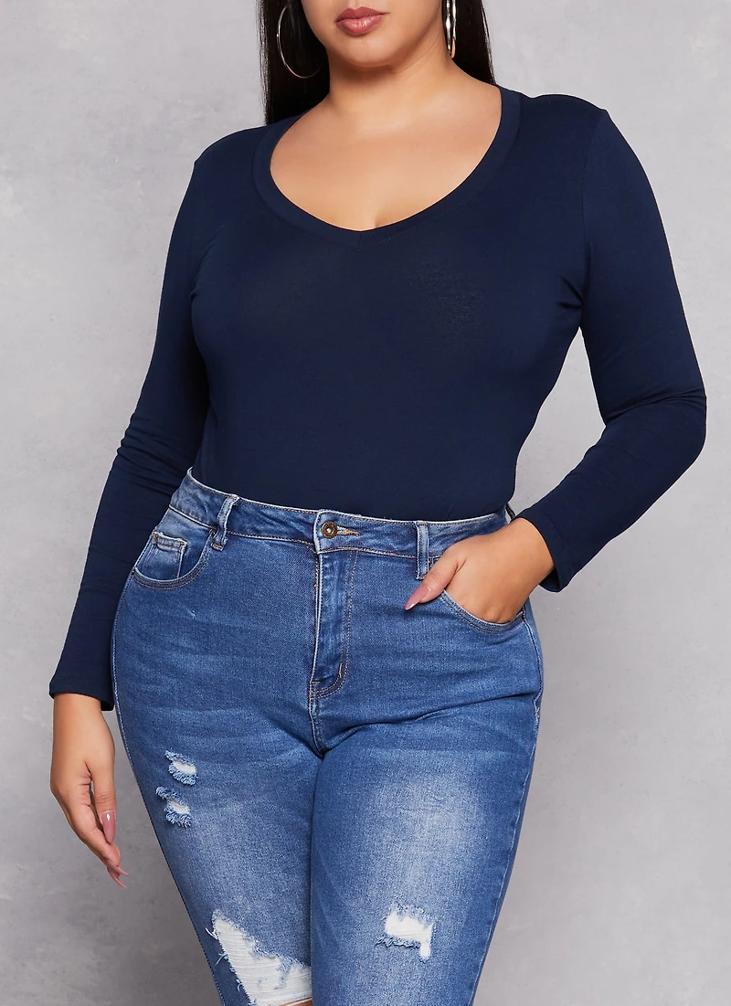 Womens Plus Basic Long Sleeve V Neck Tee, Blue,