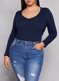 Womens Plus Basic Long Sleeve V Neck Tee, Blue,