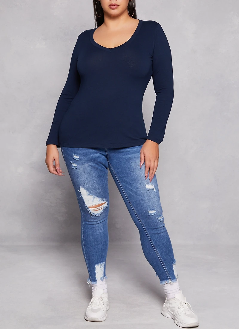 Womens Plus Basic Long Sleeve V Neck Tee, Blue,