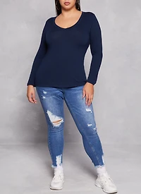 Womens Plus Basic Long Sleeve V Neck Tee, Blue,