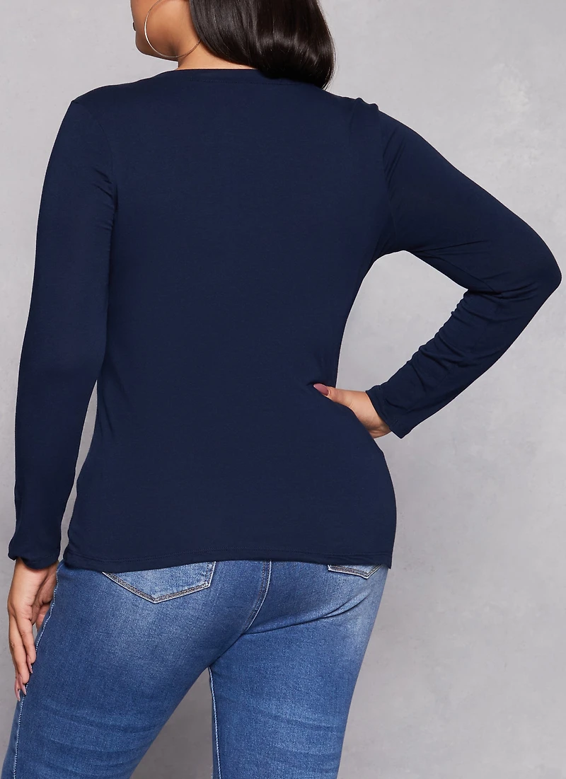 Womens Plus Basic Long Sleeve V Neck Tee, Blue,