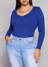 Womens Plus Size Basic Long Sleeve V Neck Tee, Blue, Size 1X