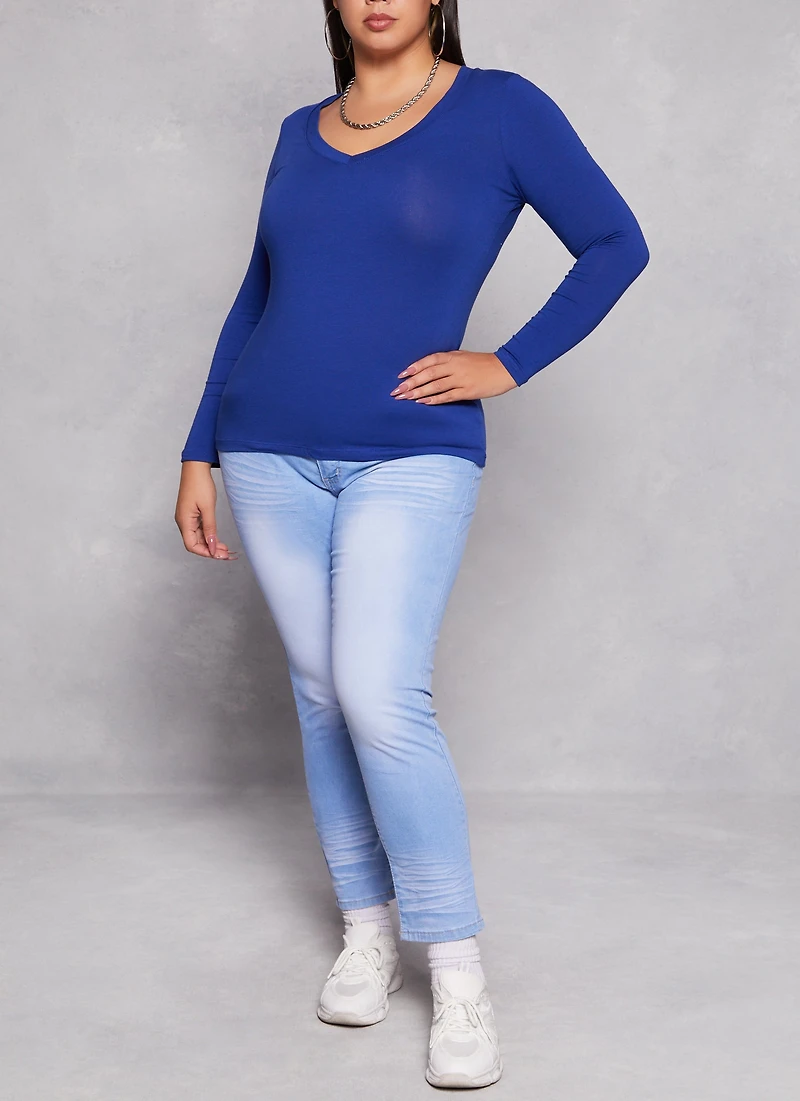 Womens Plus Size Basic Long Sleeve V Neck Tee, Blue, Size 1X
