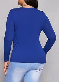 Womens Plus Size Basic Long Sleeve V Neck Tee, Blue, Size 1X
