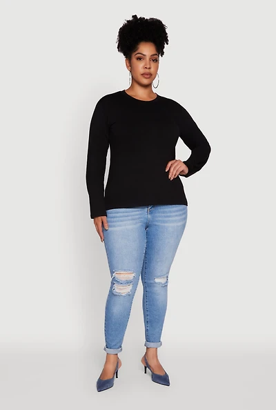 Womens Plus Basic Long Sleeve Crew Neck T-Shirt,