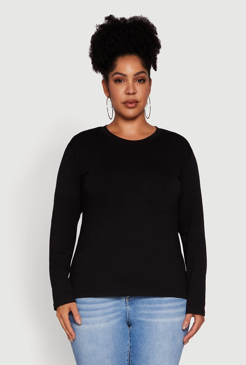 Womens Plus Size Basic Long Sleeve Crew Neck T-Shirt, Black, Size 3X