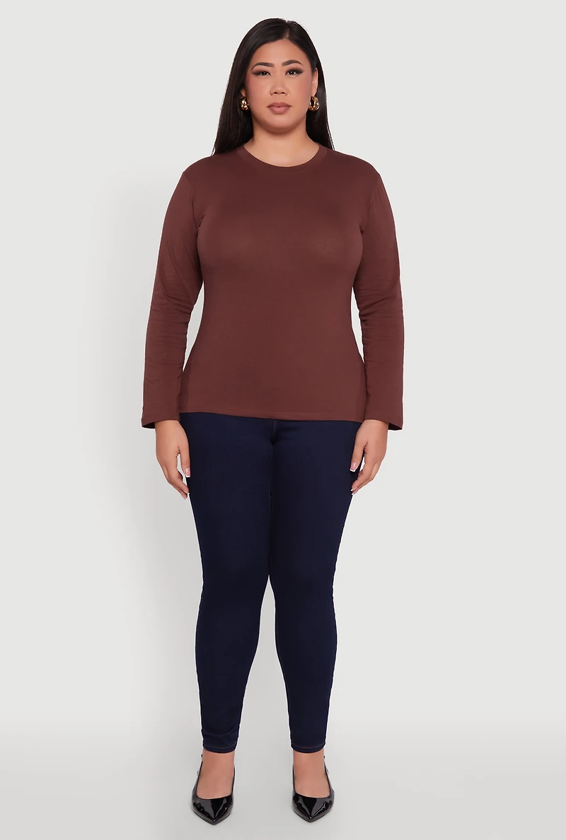 Womens Plus Size Basic Long Sleeve Crew Neck T-Shirt, Brown, Size 2X
