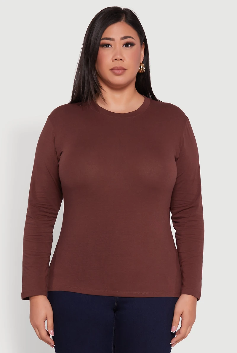 Womens Plus Basic Long Sleeve Crew Neck T-Shirt,