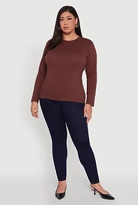 Womens Plus Size Basic Long Sleeve Crew Neck T-Shirt, Brown, Size 2X