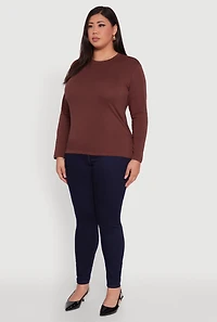 Womens Plus Size Basic Long Sleeve Crew Neck T-Shirt, Brown, Size 2X