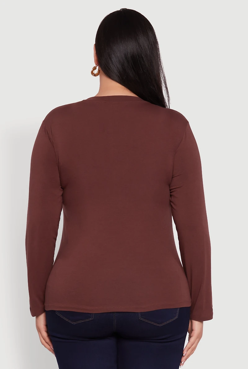 Womens Plus Size Basic Long Sleeve Crew Neck T-Shirt, Brown, Size 2X