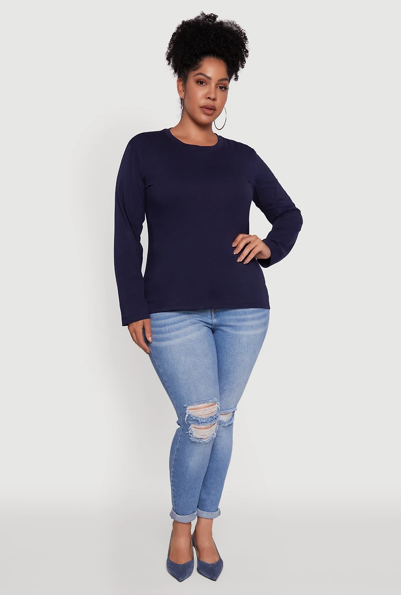 Womens Plus Basic Long Sleeve Crew Neck T-Shirt,