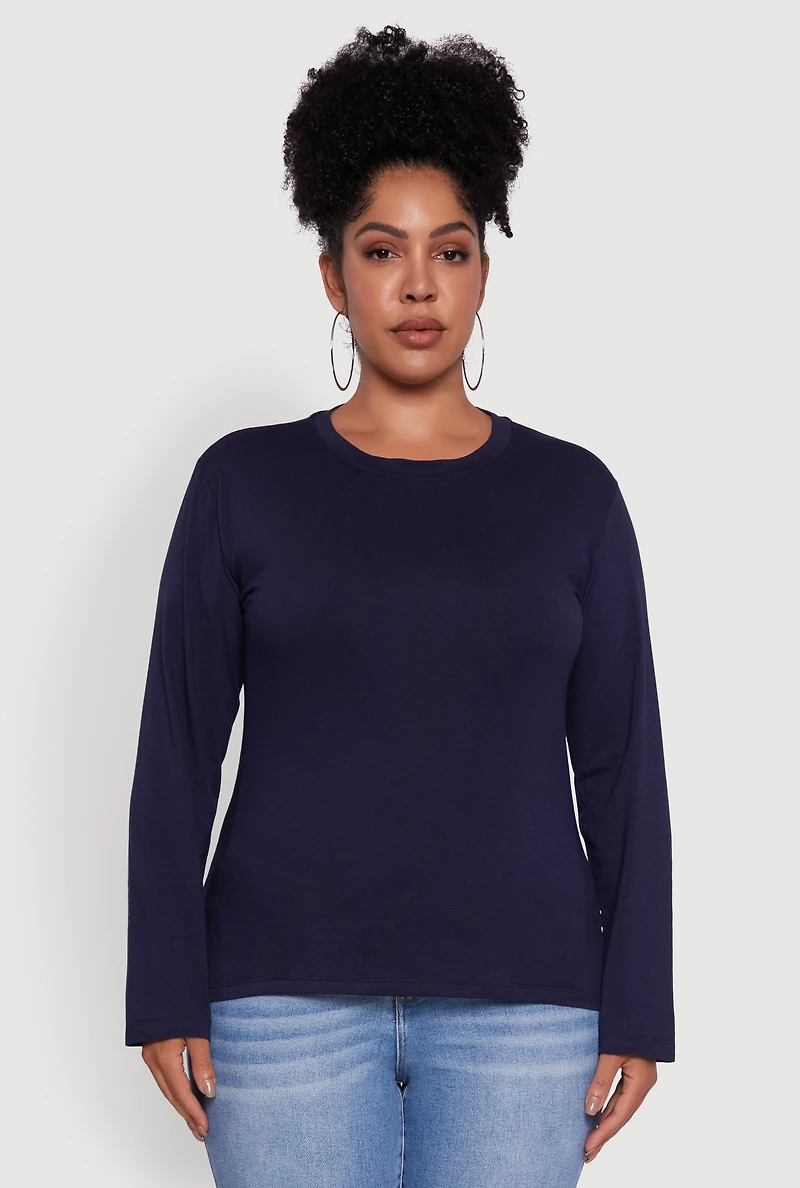 Womens Plus Basic Long Sleeve Crew Neck T-Shirt,