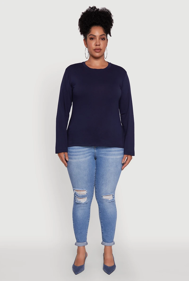 Womens Plus Basic Long Sleeve Crew Neck T-Shirt,