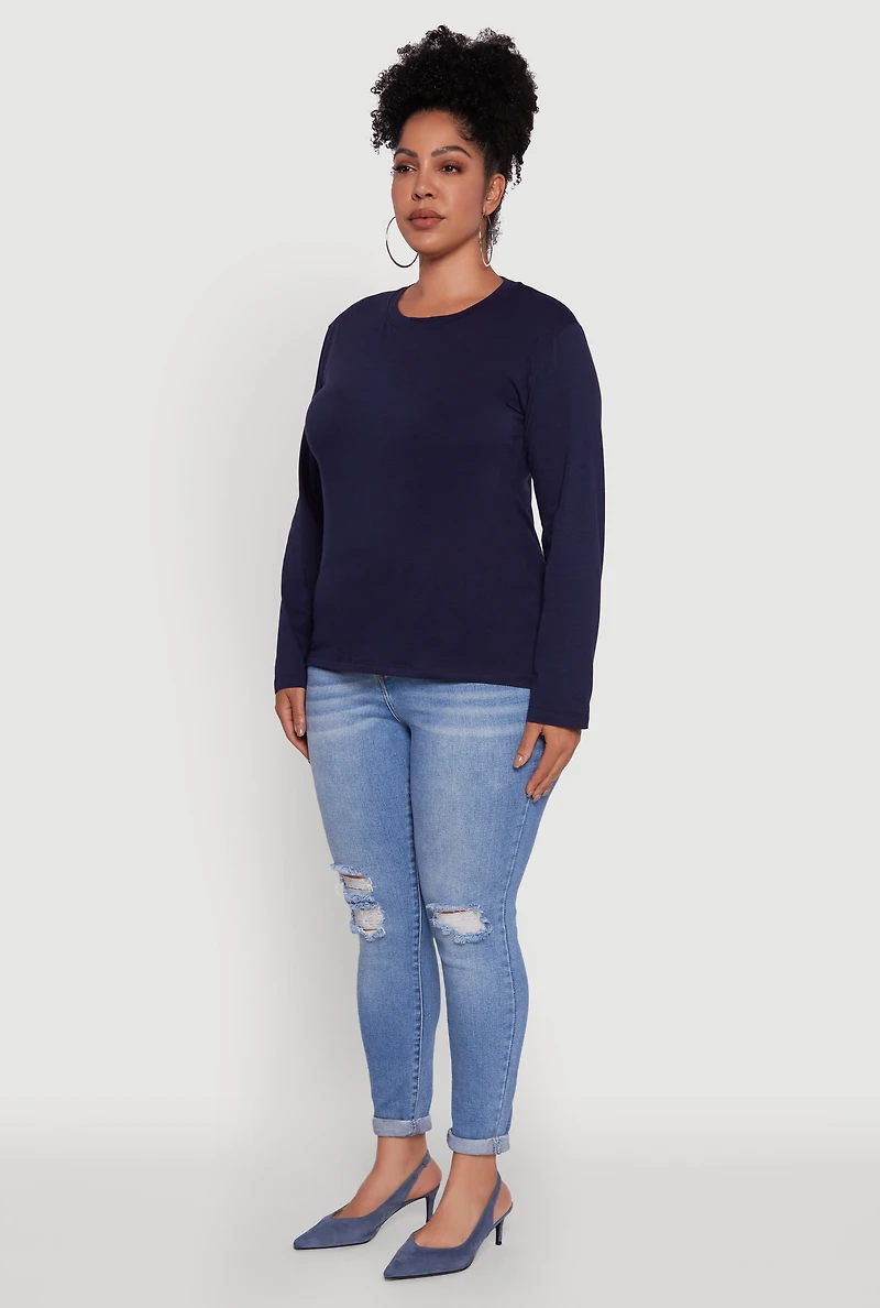 Womens Plus Basic Long Sleeve Crew Neck T-Shirt,