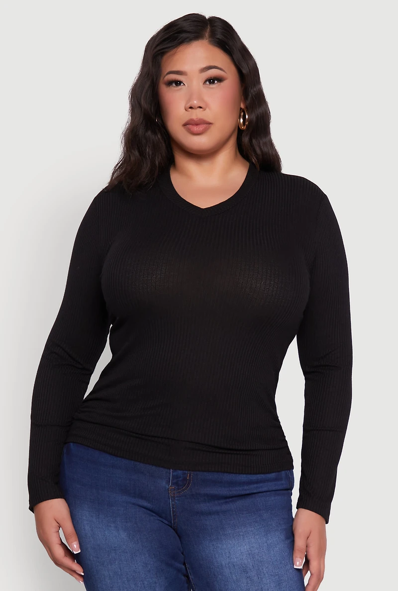 Womens Plus Long Sleeve V Neck Tee, 1X