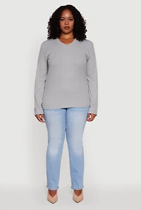 Womens Plus Size Long Sleeve V Neck Tee, Grey, Size 2X