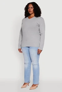 Womens Plus Size Long Sleeve V Neck Tee, Grey, Size 2X