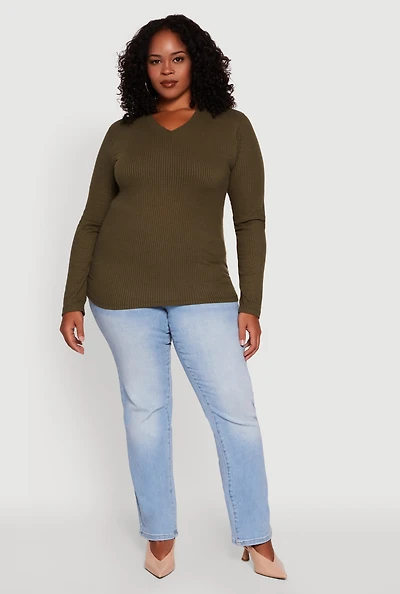 Womens Plus Long Sleeve V Neck Tee,