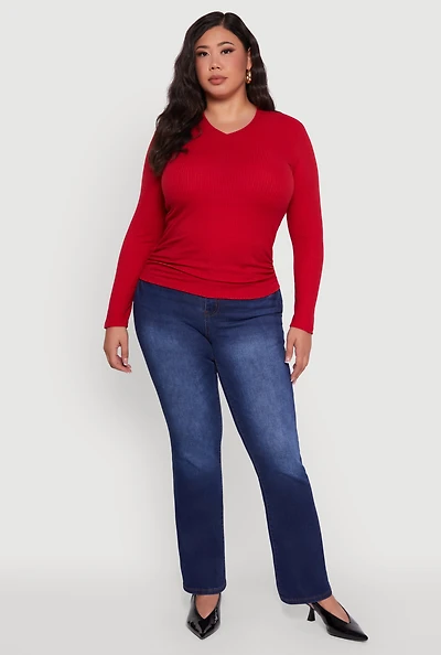 Womens Plus Size Long Sleeve V Neck Tee, Red, Size 3X