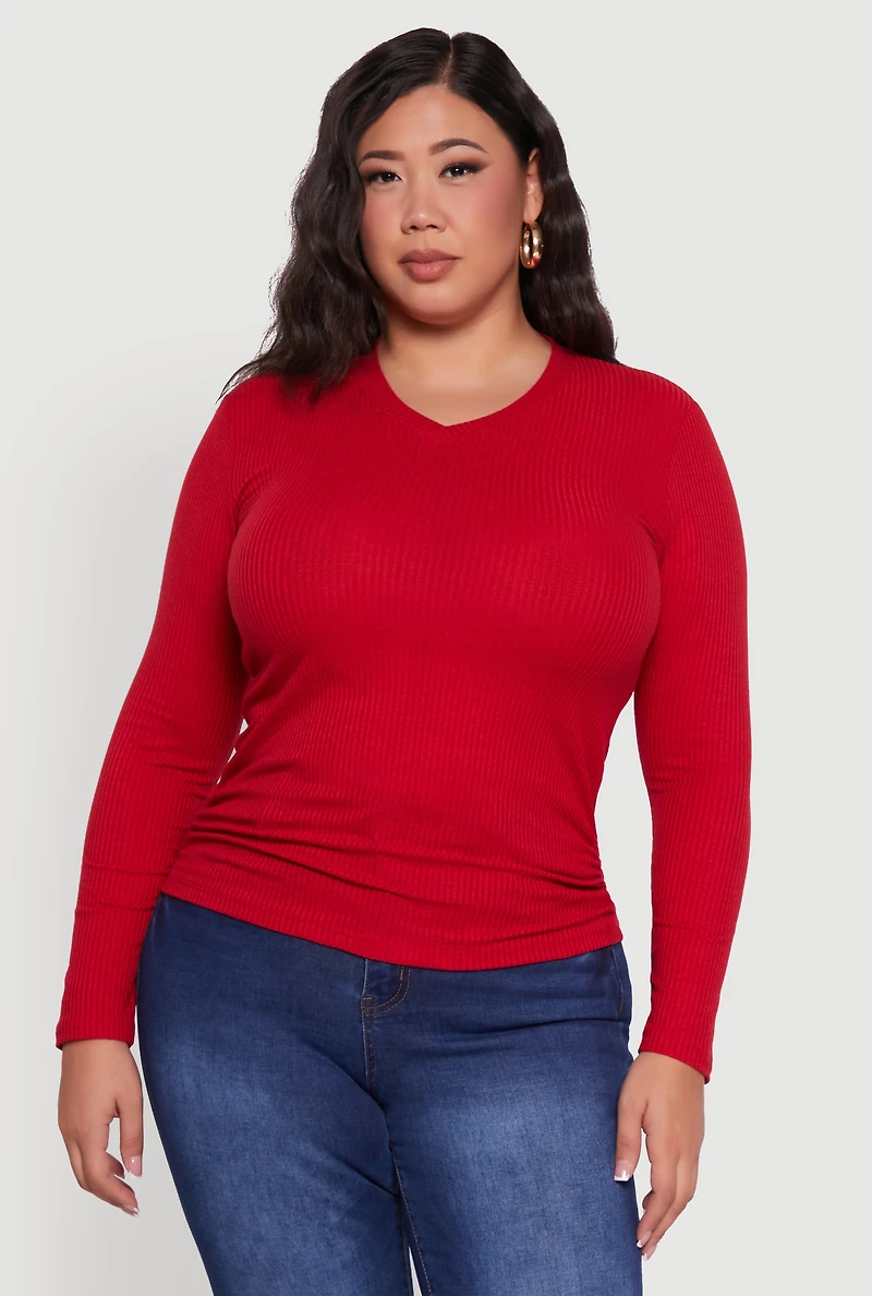 Womens Plus Size Long Sleeve V Neck Tee, Red, Size 3X